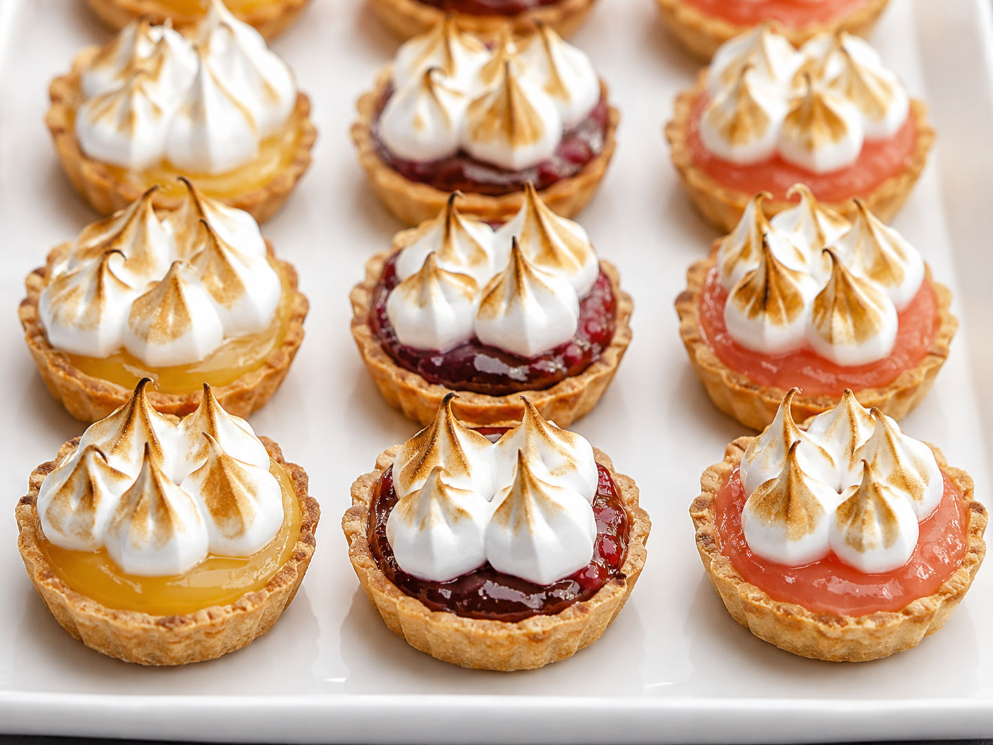Mini tartaletas de limón, naranja sanguina y toronja con merengue flameado.