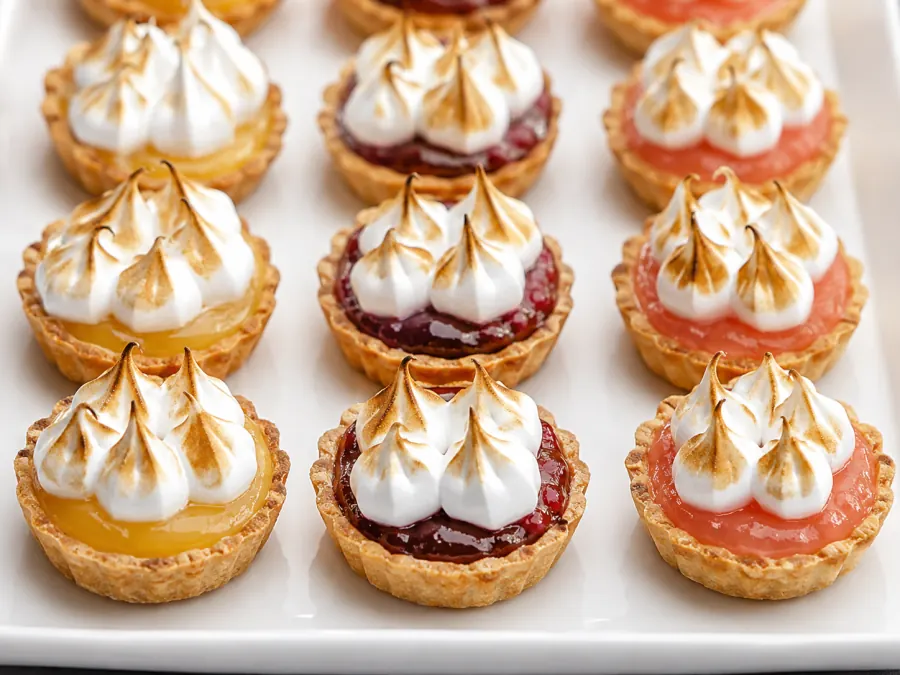 Mini tartlets filled with lemon, blood orange, and grapefruit curd topped with torched meringue.