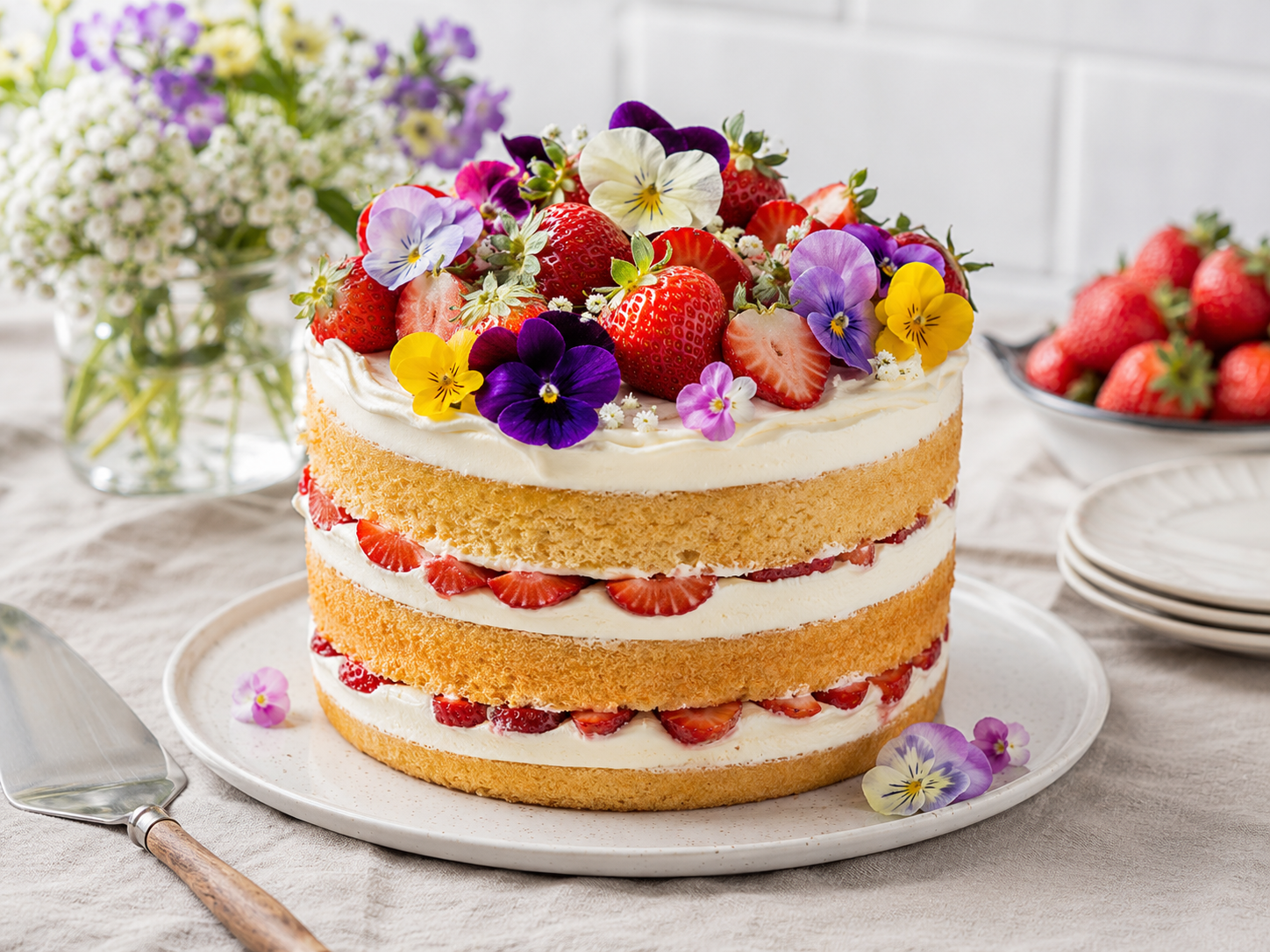 Pastel de vainilla de varias capas con crema batida, fresas frescas y flores comestibles.